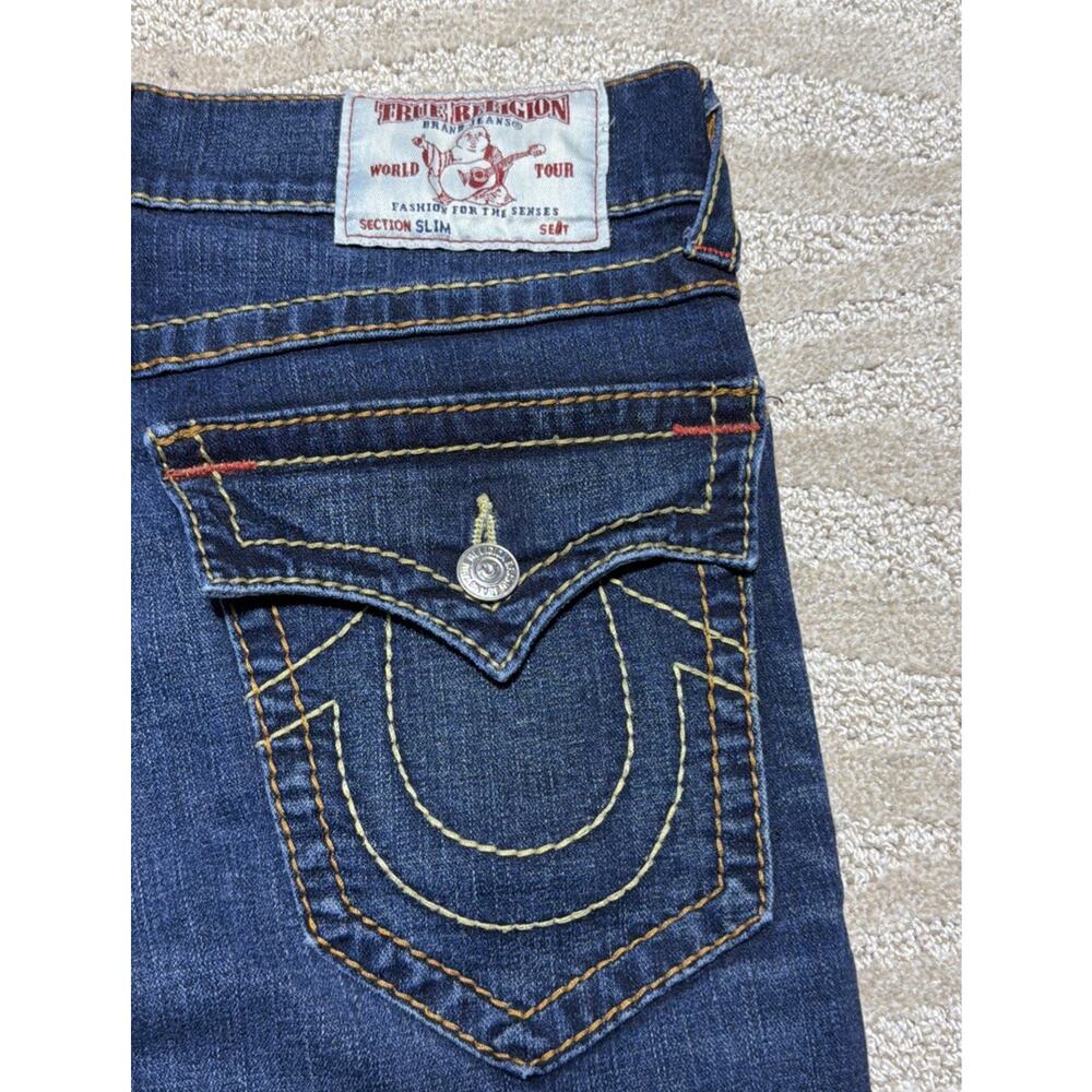 True Religion World Tour 32x32 Ultra Indigo Slim Flap Big T Mens Jeans Excellent - Picture 6 of 9